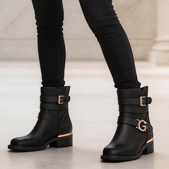 G by Guess Shoes - G by GUESS Harlin Moto Ankle Boots Women 9.5 Black Gold Buckle Straps